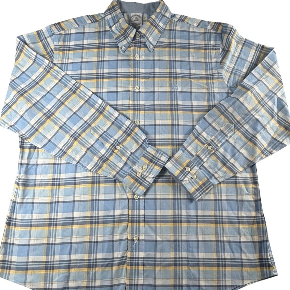 Brooks Brothers Regent Non-Iron Supima Cotton Plaid Shirt XL Blue Yellow Mens